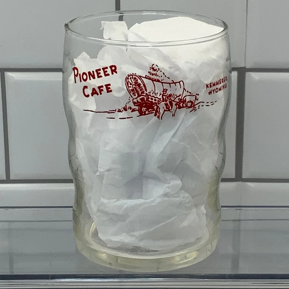Vintage Pioneer Cafe Kemmerer Wyoming Glass Tumbler Clear Red 12oz